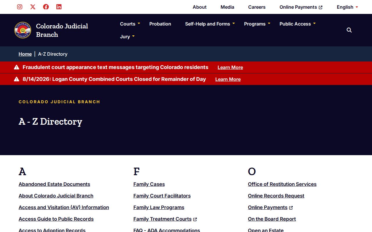 Kiowa County docket search resources in the Colorado Judicial Branch directory