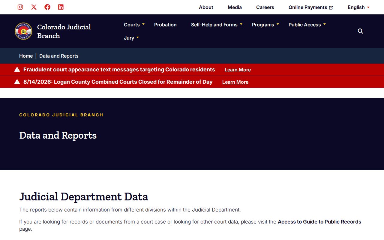 Kiowa County case search context in Colorado Judicial Branch data reports