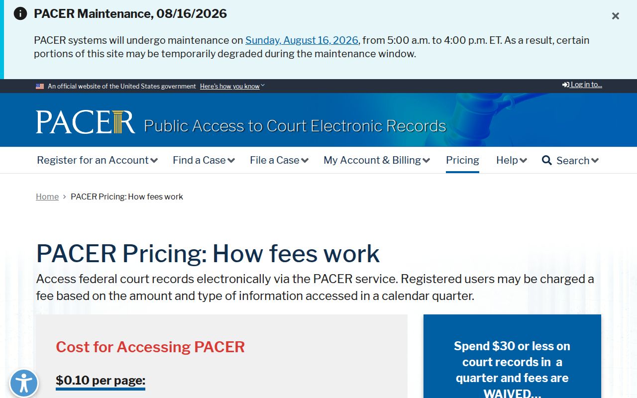 PACER fee rules for federal cases outside Kiowa County case search