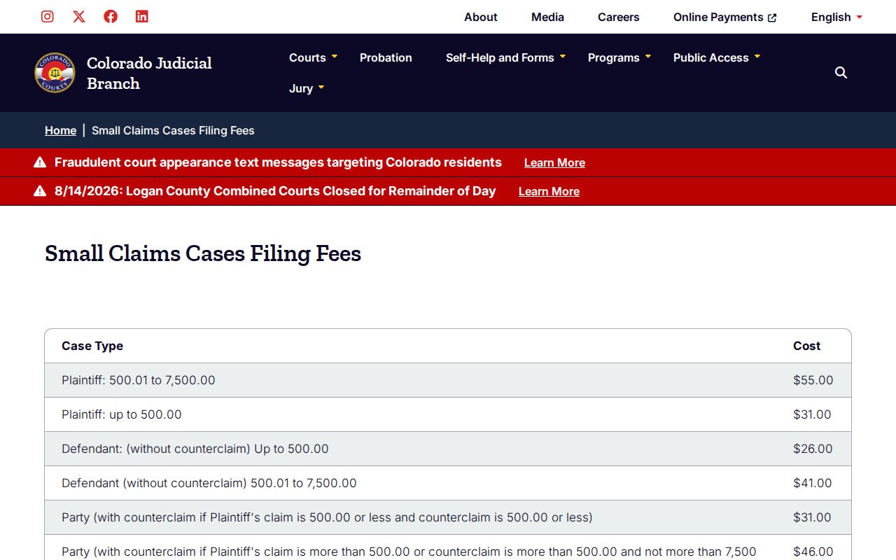 Kiowa County civil court docket small-claims filing fees