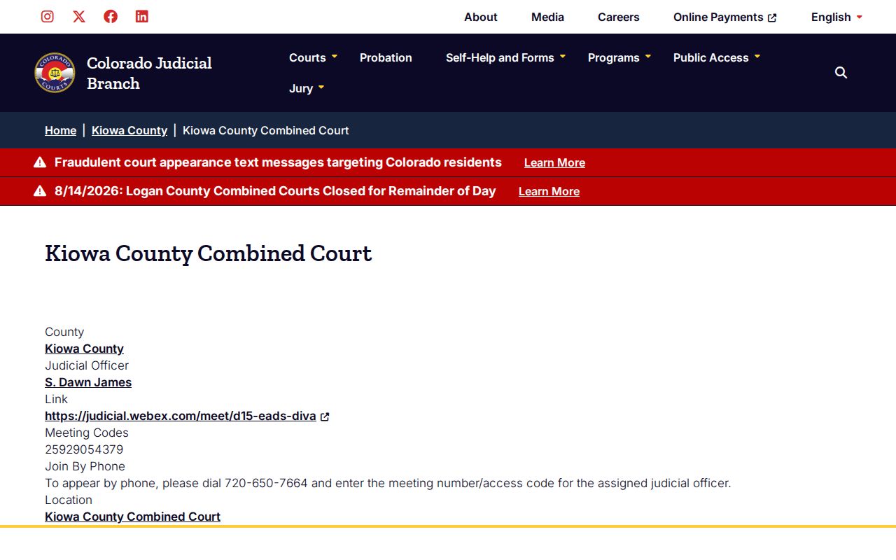 Kiowa County court schedule Division A Webex listing