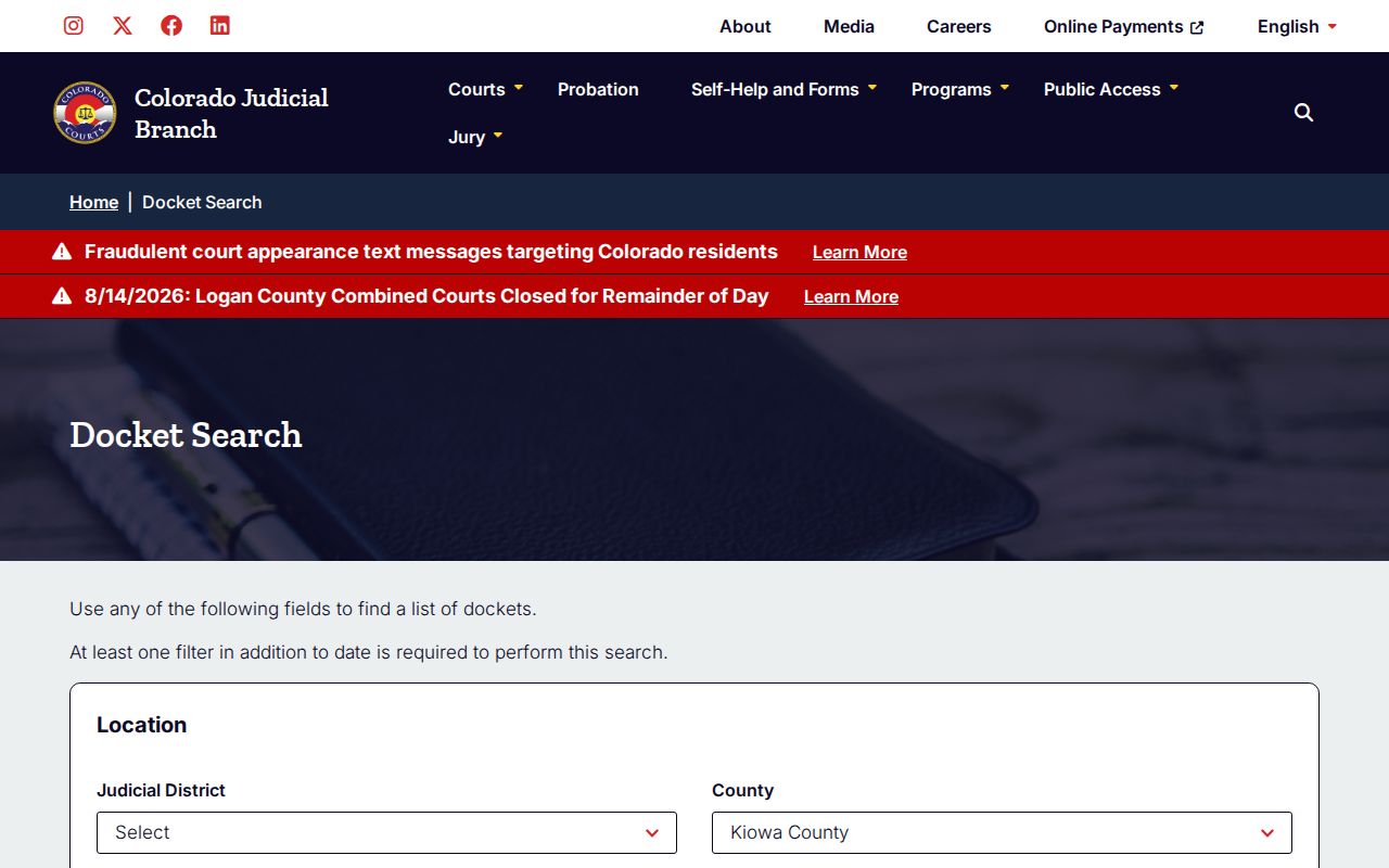 Kiowa County court schedule filtered docket form