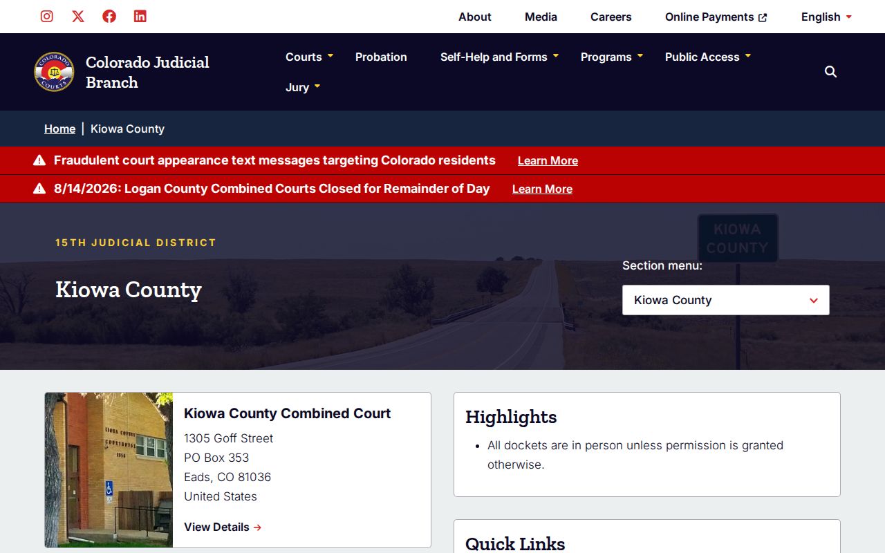 Kiowa County court docket official trial court page